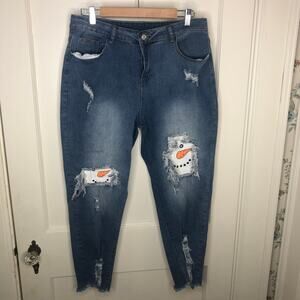 Unknown Brand Distressed Blue Jeans with Snowmen, Women's Size L